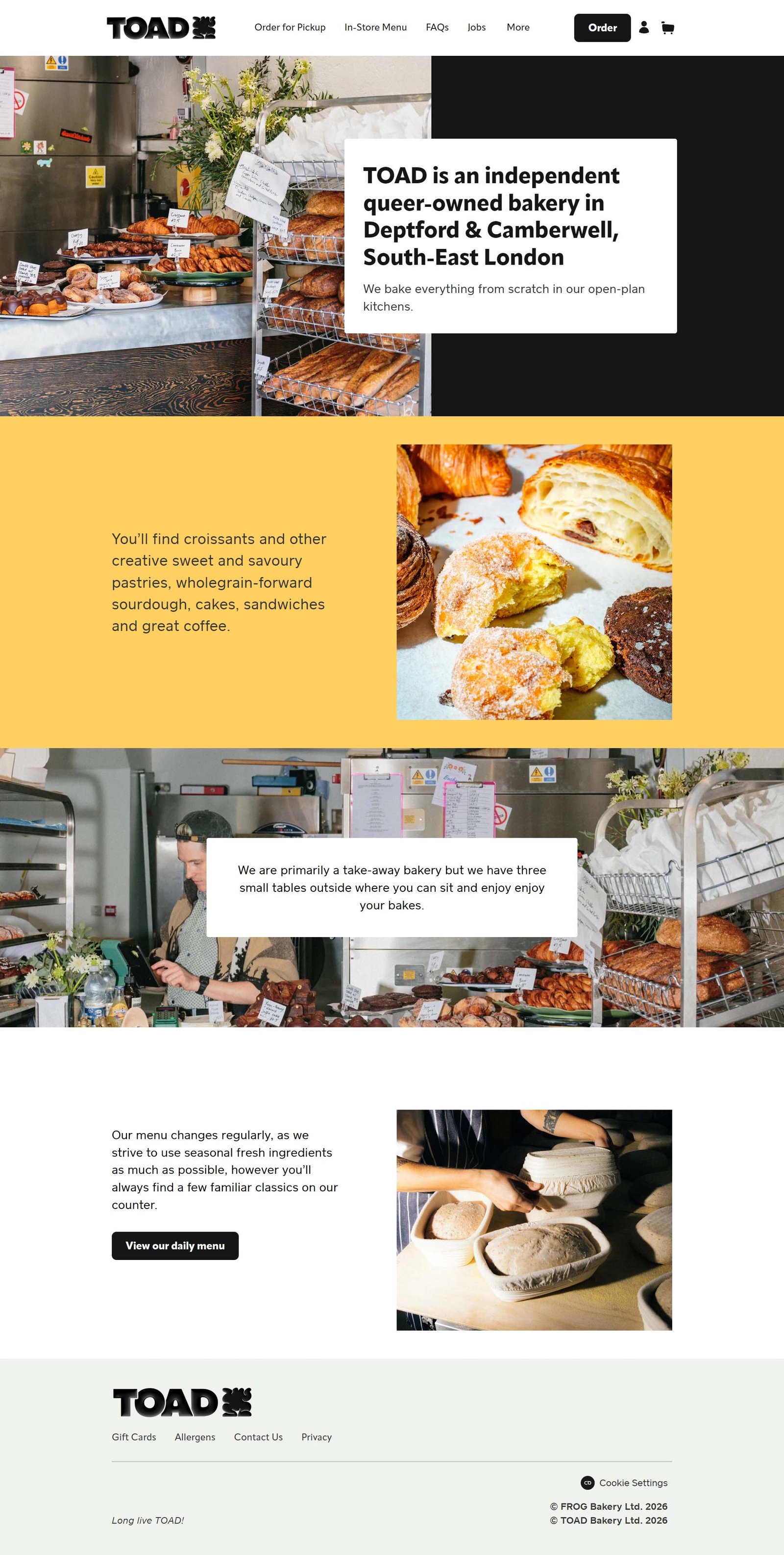 TOAD Bakery homepage screenshot